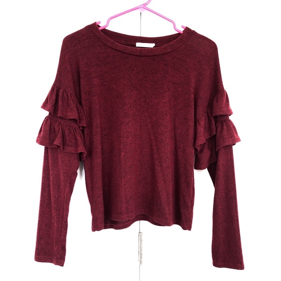 Heart & Hips Sweaters - Heart & Hips Ruffle Long Sleeve Sweater | Rusty Red | Size Small